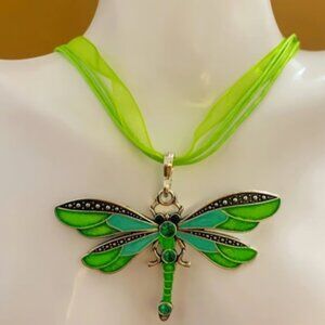 Green and Turquoise dragonfly pendant necklace on green ribbon cord New in Box
